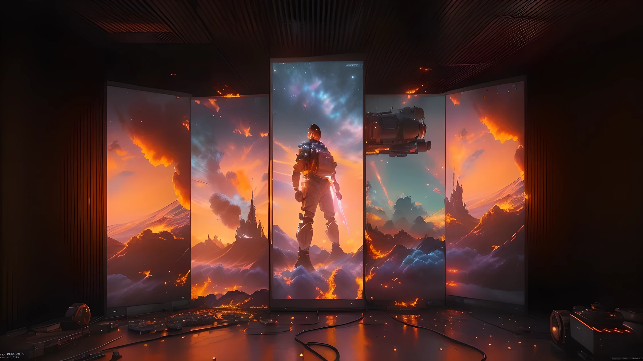 There are three screens，A man standing in front of a stove, Stunning splash screen artwork, cinematic beeping sounds, beeping sounds. Octane Rendering, Highly detailed VFX scenes, beeping sounds daily art, stunning vfx, realism | beeping sounds, Stunning epic visual effects, beeping sounds masterpiece, inspired author：Mike Winkelmann, author：Mike Winkelmann