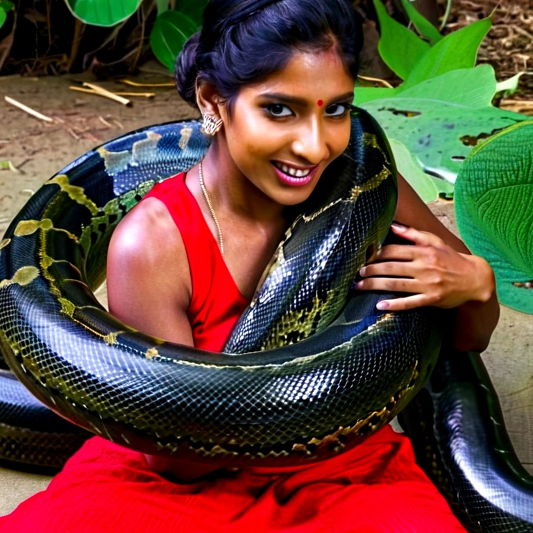  Happy Horny, aroused 1girl), beautiful  Indian  young teen girl with  giant colossal anaconda monster squeezing her hard, wrapped in thick spiraling coils, constricted, struggle, gasping for air, snake attack, snake peril,