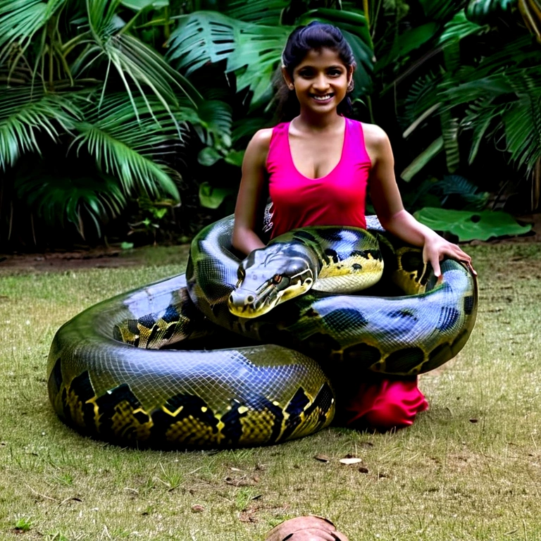  Happy Horny, aroused 1girl), beautiful  Indian  young teen girl with  giant colossal anaconda monster squeezing her hard, wrapped in thick spiraling coils, constricted, struggle, gasping for air, snake attack, snake peril,