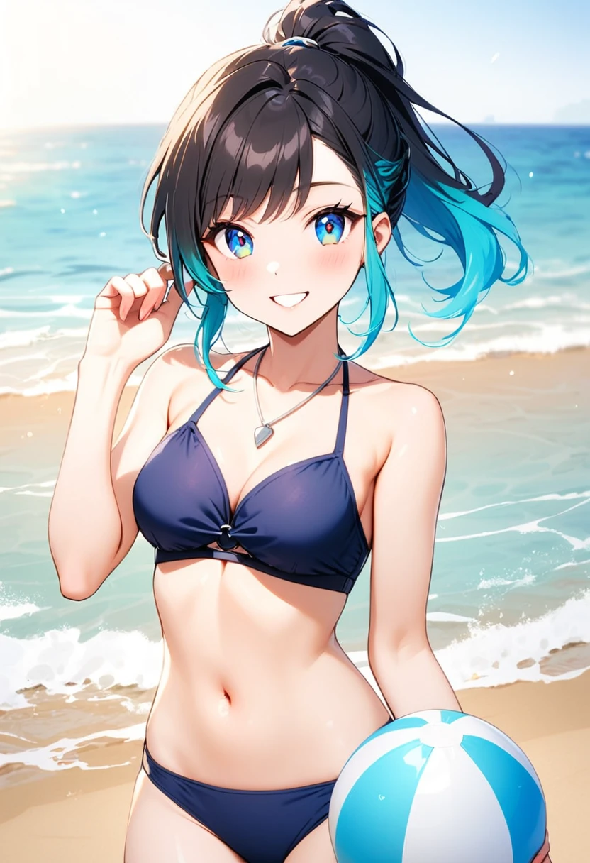 A young woman, 21-years-old, solo, Caucasian, black hair, cyan hair, gradient hair, multicolored hair, ponytail, two-tone hair, blue eyes, cheerful smile, mature face, dark blue bikini top, dark blue bikini bottom, midriff, holding a beachball, beach, thin silver necklace, white bracelet