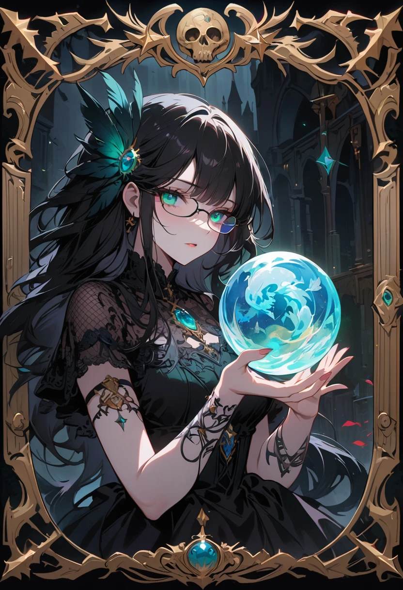 (best quality,4K,Very detailed,Practical:1.2),Mysterious astrologer girl,Pale skin,Long black hair fluttering in the wind,Shiny glasses lenses, She held a glowing sphere in her hand,Emerald eyes,Sharp eyes,The strange tattoo on her arm,Crystal Ball,Skull and five-pointed star decoration,Tarot,Mysterious symbols,Dramatic Lighting,Gothic,Black lace dress,Gorgeous jewelry,Feather hair accessories, Dark and scary atmosphere,