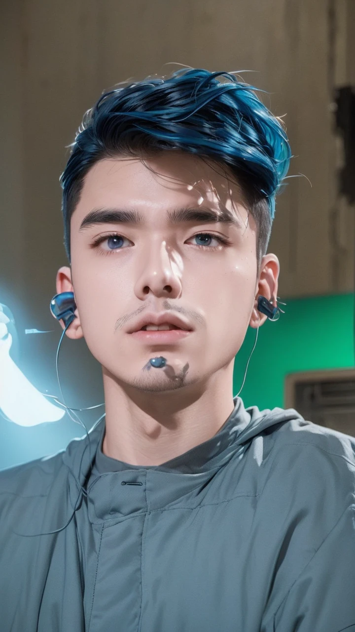 create a picture of a young man with blue hair wearing a black jacket with a blue gradient with a glowing side standing in a stylish pose and a dark background with a white gradient