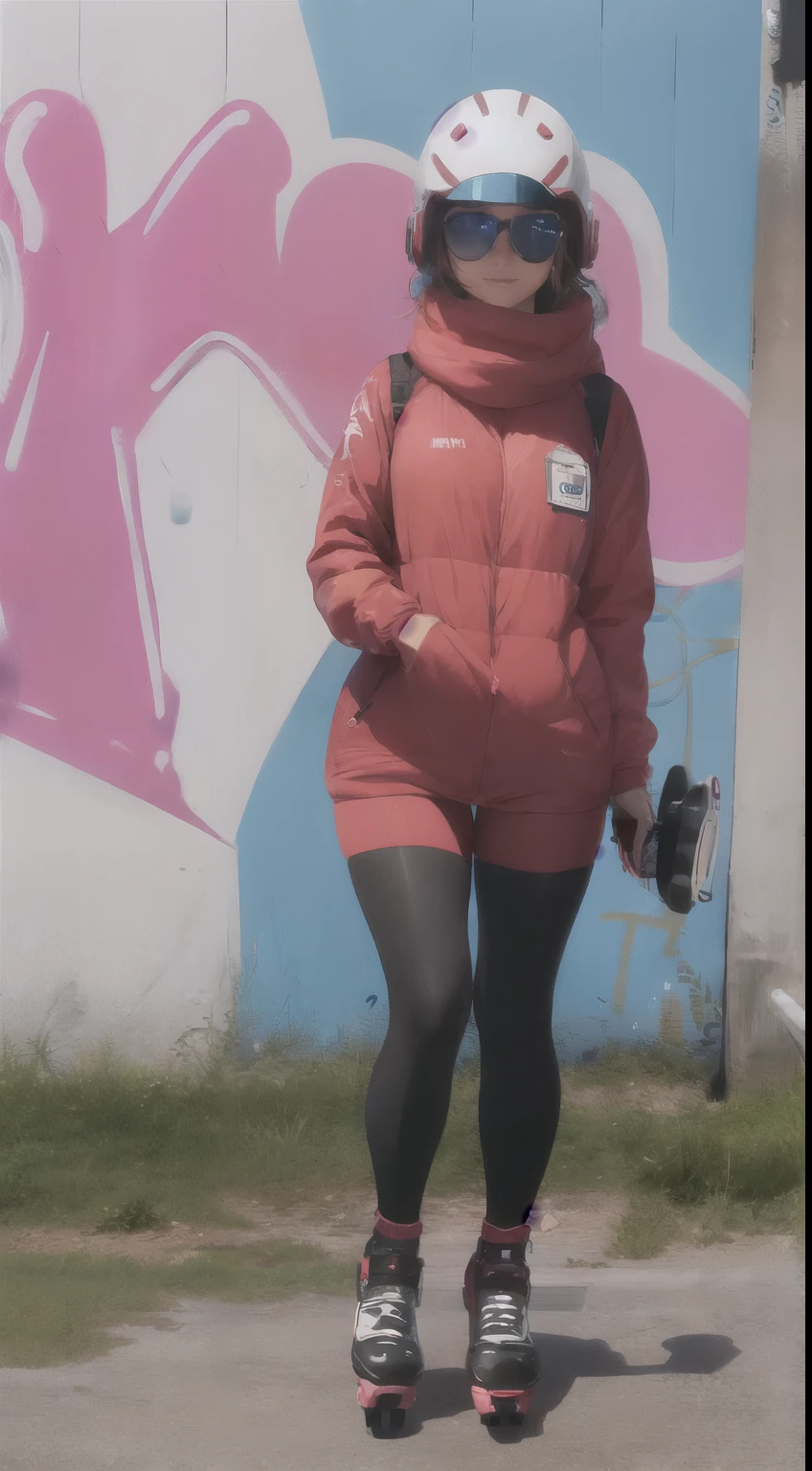 1woman, (ultra detailed,ultra high res,detailed background),1girl,solo,looking at viewer, spray paint, graffiti, girl in a colorful fencing suit, long plush scarf, full body image, adult woman, anatomically perfect face, face in focus, symmetrical face, rollerskates, wearing a 1950's scifi helmet with a visor, big sunglasses