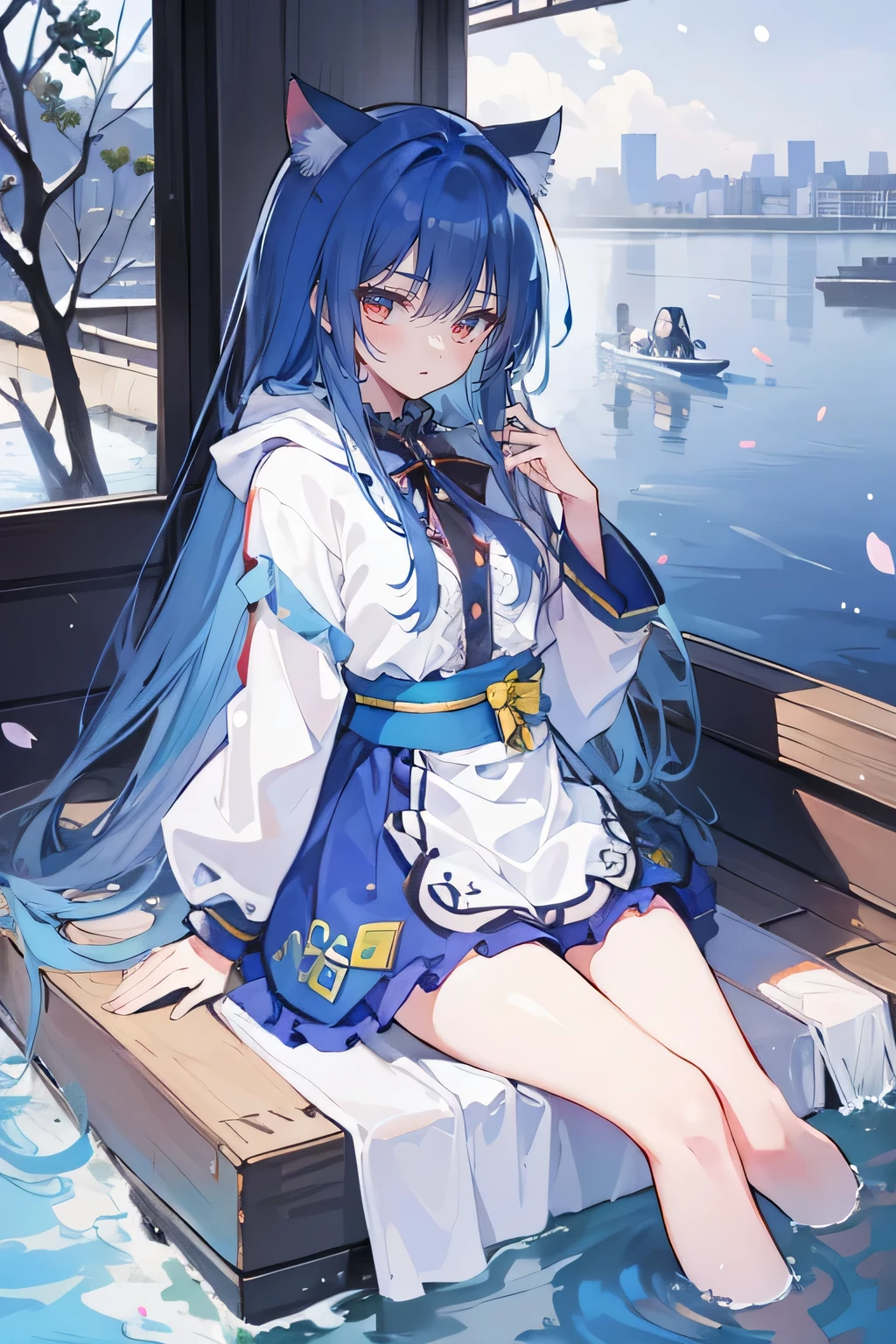 (masterpiece:1.2),Super detailed,lifelike,Expressive eyes,fair skin,perfect face shape,1 girl,
Japanese comics,Gorgeous blue hair,flowing blue hair,flowing clothes,Cat ears,Petals fall,beautiful lola,Baby Angel,
Shaking head with one hand,Cross your legs,Gentle and peaceful background,The pavilion is cool and comfortable,smile, wearing hoodie, background of tokyo,back views,snowing, winter,lie on the water.
