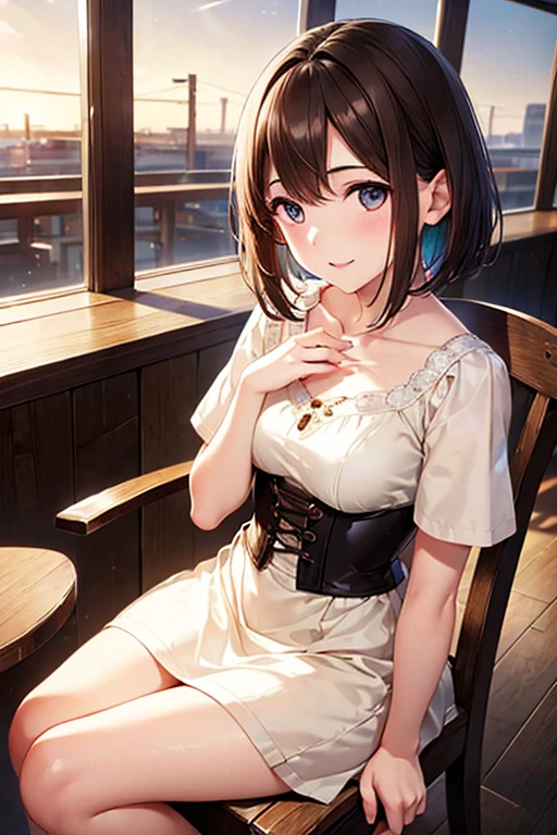 anegasaki nene、Shiny brown hair, short hair, (茶色のBeautiful eyes、Sparkling eyes, Fine grain)、smile、Ultra-detailed eyes、Highly detailed face, Highly detailed eyes,

(Highest quality, Realistic), (Portraiture), (Vibrant colors), (Soft lighting), (Tabletop,High resolution,16K:1.2),


((night))、(restaurant)、(sitting on a wooden chair)、(forward leaning posture)、(Chest on the table)、
((Beige knee-length short-sleeve dress))、(dark brown corset)、((Beautiful eyes))、Beautiful Teacher、24-years-old、Highest quality、High resolution、anime、1 person、indoor