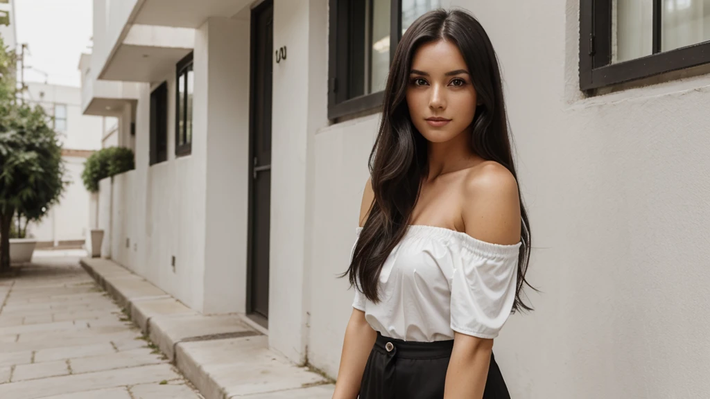 30 year old girl, Solo, long hair, Looking at viewer, black hair, Bare shoulders, brown eyes, full body, off shoulder, white short shirt,