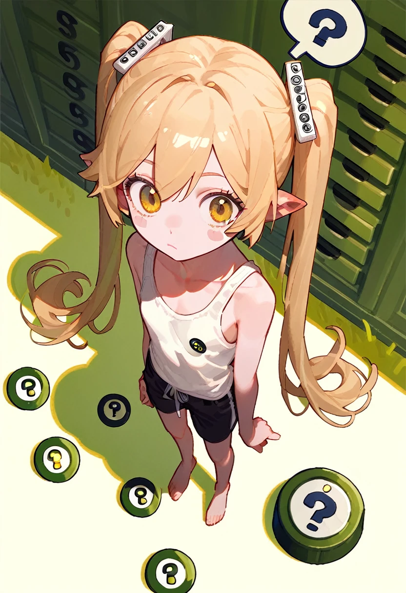 (punctuation_9,punctuation_8_High above,punctuation_7_High above,),oshino shinobu,long hair,standing alone,hair blonde,yellow  eyes,pointy ears,skinny,,pigtails,white Tank top,black Shorts,blush stickers,bare shoulders,barefoot,sitting,Underarms, shy,viewer from below,