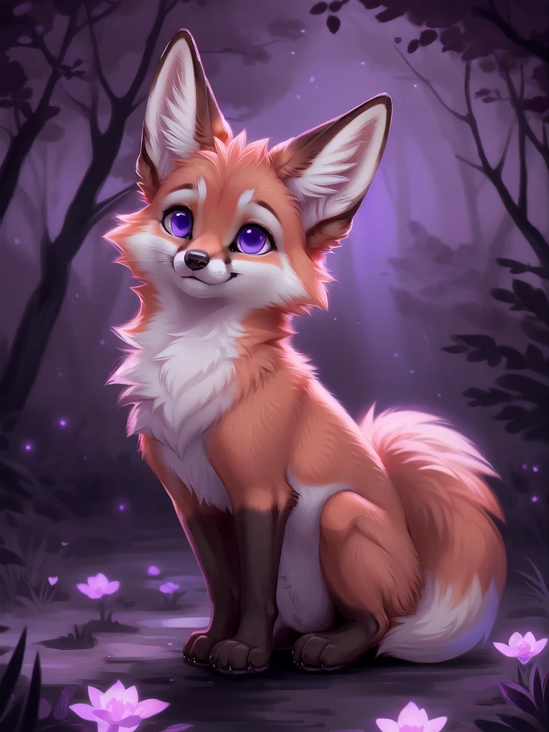 Feral red fox, female, Fox masterpeice, highest quality, cute, majestic, purple lighting, glowing