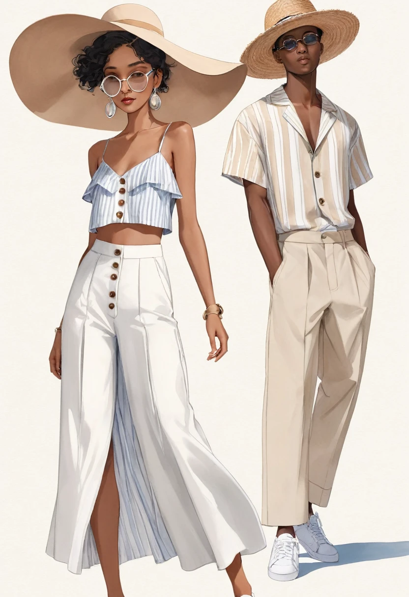 candid fashion illustration of young Mixed race man and woman, both aged 25 year old, ((showcase fashion look book in pale Earth tone outfits)), inspired by Jacquemus's resort collection 2022, in elegant young chic Nautical style. The man wears an oversized short-sleeved stripe shirt, lace details, paired with relaxed-fit white Wide Leg short pants, comfortable and a classic silhouette. He completes his look with white sneakers and round glasses. The woman complements him in a maxi dress, Ankle-length in a cotton weave with delicate lace insets, V-shaped neckline, covered buttons down the front and an open section with covered elastication, Adjustable spaghetti shoulder straps , Gathered tiers down the skirt and a lace hemin, cotton woven fabric, Her ensemble includes an accessorizes with a wide-brimmed straw hat, white sneakers, Captured in a dynamic angle, ((full-body image)), ((imperfect pale water color background)), sketching, realistic drawing, imperfect water color drawing, fashion look book, fashion illustrator, sketch design, Chic Boho, water color palette,