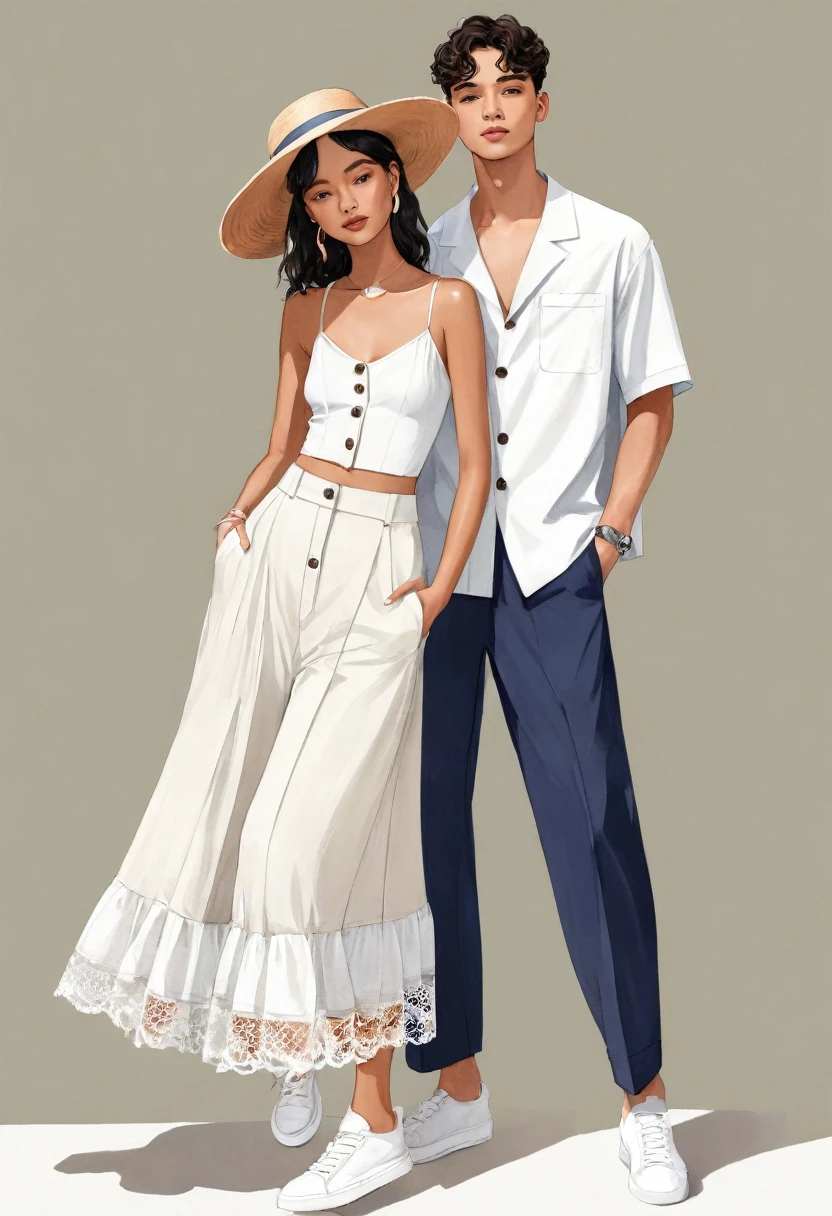 candid fashion illustration of young Mixed race man and woman, both aged 25 year old, ((showcase fashion look book in pale Earth tone outfits)), inspired by Jacquemus's resort collection 2022, in elegant young chic Nautical style. The man wears an oversized short-sleeved stripe shirt, lace details, paired with relaxed-fit white Wide Leg short pants, comfortable and a classic silhouette. He completes his look with white sneakers and round glasses. The woman complements him in a maxi dress, Ankle-length in a cotton weave with delicate lace insets, V-shaped neckline, covered buttons down the front and an open section with covered elastication, Adjustable spaghetti shoulder straps , Gathered tiers down the skirt and a lace hemin, cotton woven fabric, Her ensemble includes an accessorizes with a wide-brimmed straw hat, white sneakers, Captured in a dynamic angle, ((full-body image)), ((imperfect pale water color background)), sketching, realistic drawing, imperfect water color drawing, fashion look book, fashion illustrator, sketch design, Chic Boho, water color palette,