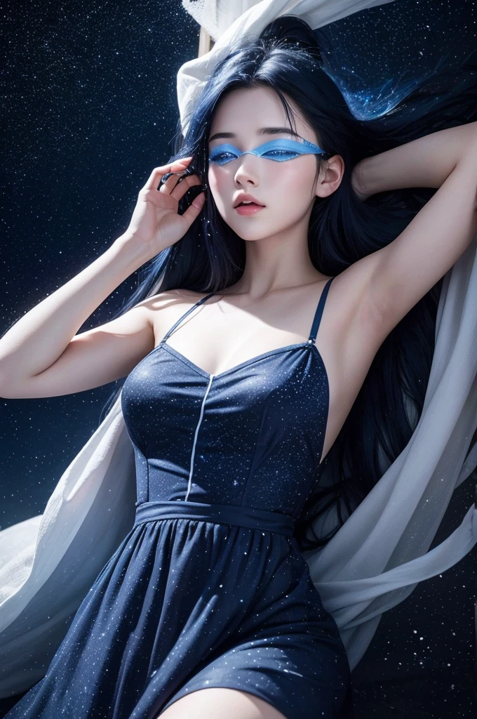 20 year old with dark blue hair with constellations and stars inside, and snow-white skin and blindfolds, wearing a blue dress