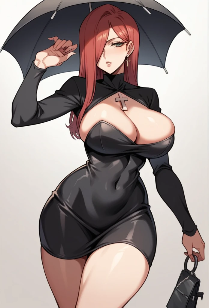 Parasoul, mature woman, long legs,sexy ,short little dress,coto vaste dress,tiny dress ,long tight sleeves, ultra black dress ,semi-exposed thighs ,medium hips, very big breasts, inverted cross figure on the chest, holding an umbrella in hand, big black umbrella, today&#39;s color is dorado, one eye covered, Red hair, 