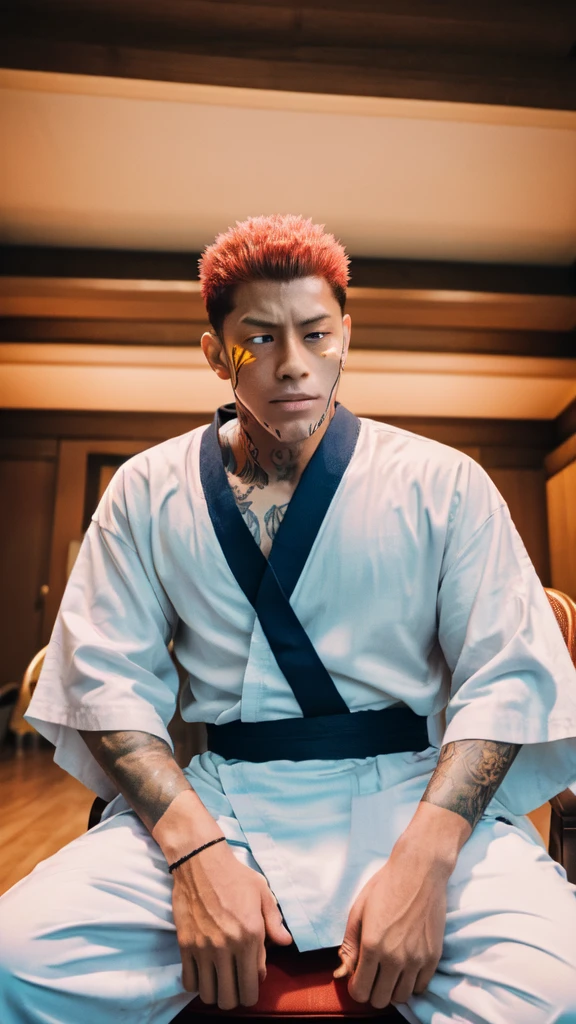 a young man in the story series, "Jujutsu kaisen" named "itadori yuji" with a tattooed face, brown eyes, with red, light hair, sitting on a chair, and a white kimono shirt, with a realistic effect.