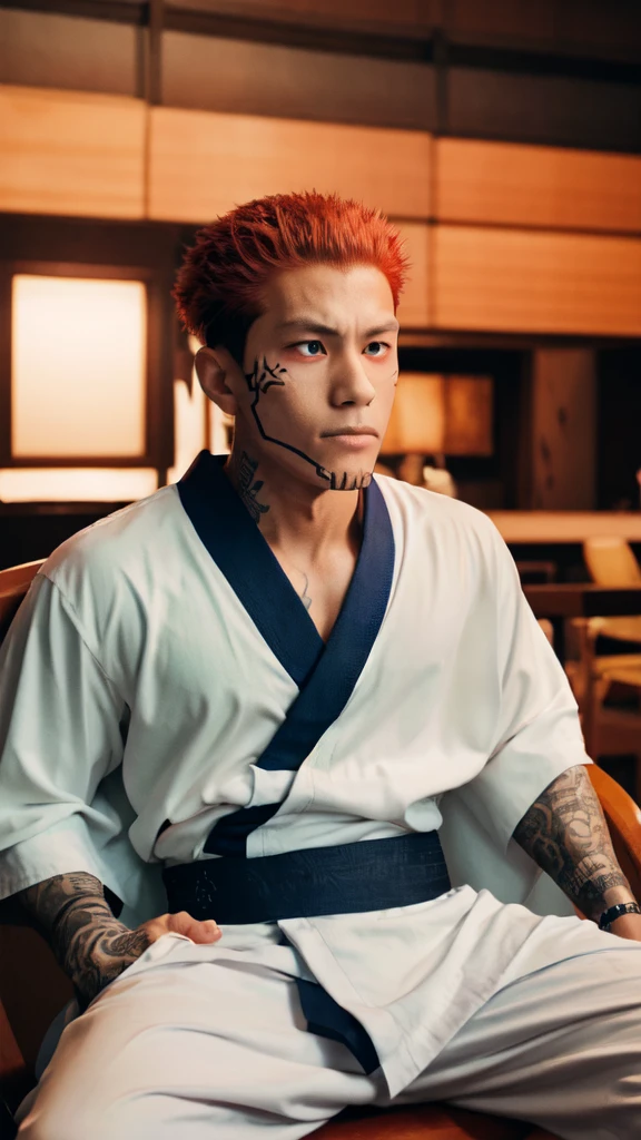 a young man in the story series, "Jujutsu kaisen" named "itadori yuji" with a tattooed face, brown eyes, with red, light hair, sitting on a chair, and a white kimono shirt, with a realistic effect.
