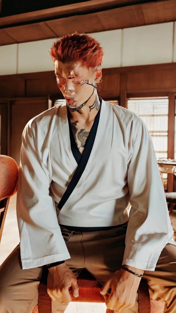 a young man in the story series, "Jujutsu kaisen" named "itadori yuji" with a tattooed face, brown eyes, with red, light hair, sitting on a chair, and a white kimono shirt, with a realistic effect.