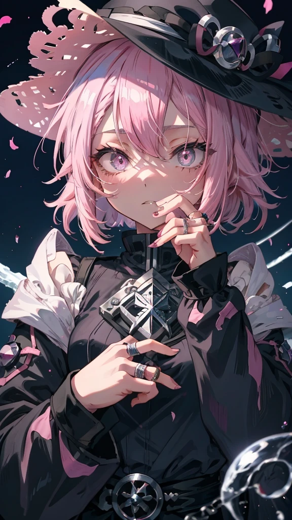 Pink hair and a black hat、Anime girl with a ring on her finger, 1 7 year old anime goth girl, Ishida Sui Art Manga, ( ( Stop 4 # ) ), inspired by Yukihiko Yasuda, black and white manga style, detailed manga style, Manga style, With index finger, ( ( ( yoh yoshinari ) ) )