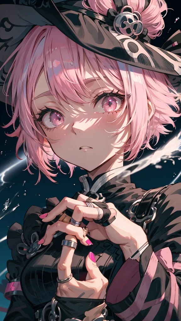 Pink hair and a black hat、Anime girl with a ring on her finger, 1 7 year old anime goth girl, Ishida Sui Art Manga, ( ( Stop 4 # ) ), inspired by Yukihiko Yasuda, black and white manga style, detailed manga style, Manga style, With index finger, ( ( ( yoh yoshinari ) ) )