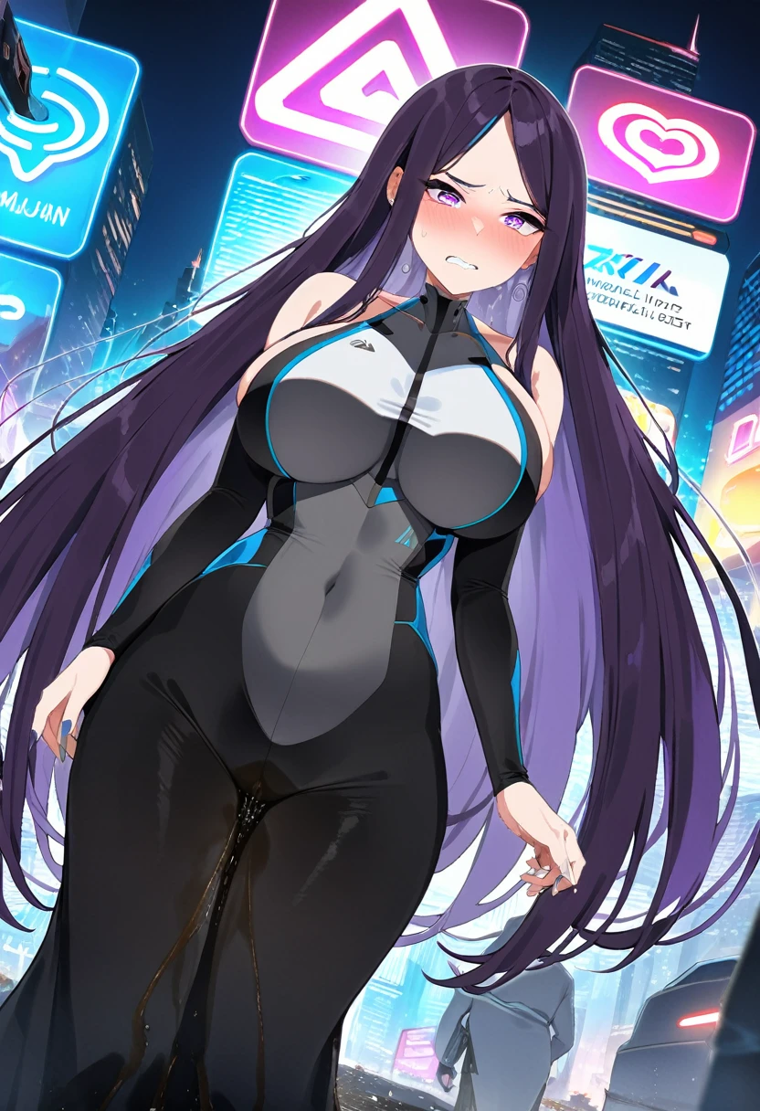 (masterpiece:1.37), best quality, (extremely detailed:1.37), woman, (mature:1.5), (adult:1.5), large breasts, very long hair, (straight hair:1.5), dark purple hair, purple eyes, (extremely detailed eyes:1.37), (very long dress:1.5), (skintight dress:1.5), desperation, (wetting self:1.5), standing, embarrassed, humiliation, blushing, angry, city, futuristic, neon lighting, high-tech, street