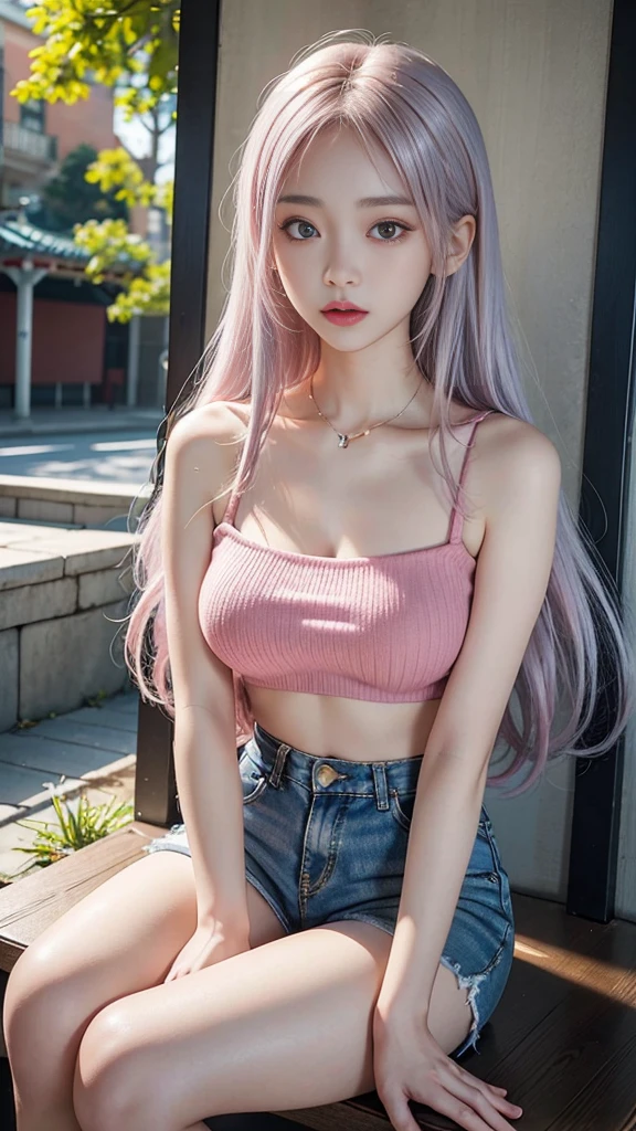 Korean girl looks like 4D painting, blushing face, long straight middle parting hair, pink silver hair, ideal tits, tube top, sweater as outerwear, short pants, sitting, park background, vibrant colours, gentle light, studio light, dim light, 3D animation