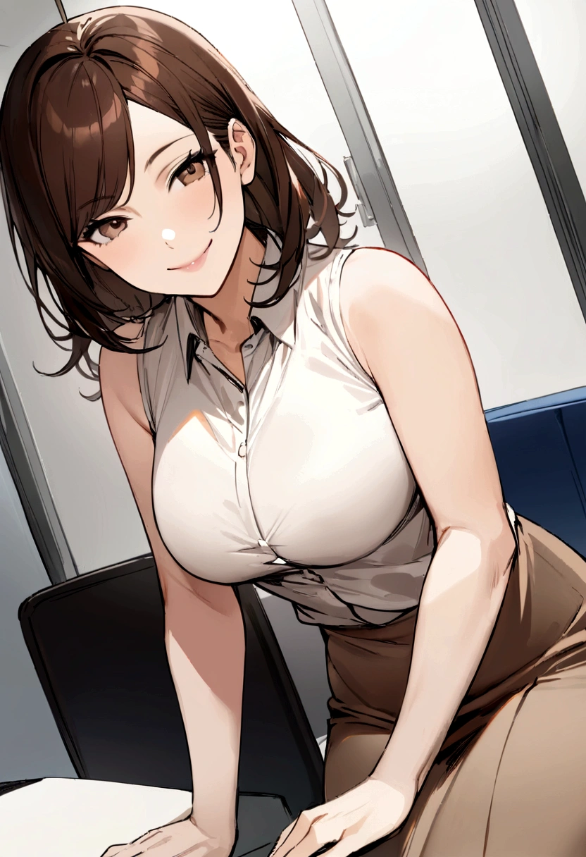 1 sitting woman, office worker, (Office Casual) Stylish clothing, No sleeve, Mature Woman, /(Dark brown hair/) Swept-apart bangs, A kind smile, (Masterpiece Top quality:1.2) Delicate illustrations