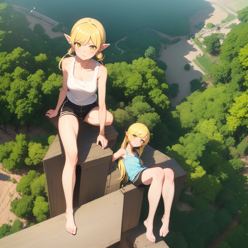 (punctuation_9,punctuation_8_High above,punctuation_7_High above,),oshino shinobu,long hair,standing alone,hair blonde,yellow  eyes,pointy ears,skinny,,pigtails,white Tank top,black Shorts,blush stickers,bare shoulders,barefoot,sitting,Underarms, shy,viewer from below,