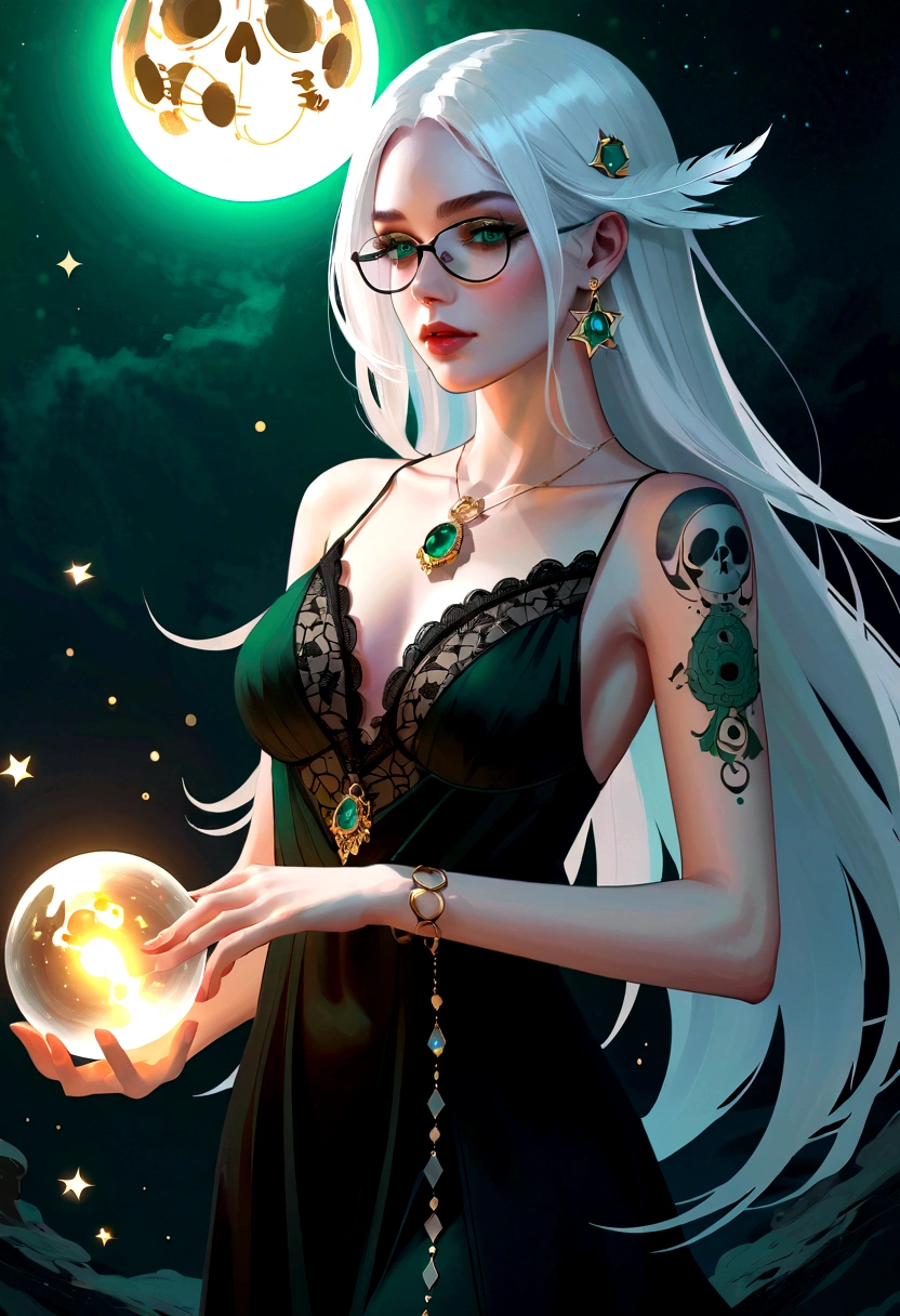 (best quality,4K,Very detailed,Practical:1.2),Mysterious astrologer girl,Pale skin,Long white hair fluttering in the wind,Shiny glasses lenses, She held a glowing sphere in her hand,Emerald eyes,Sharp eyes,The strange tattoo on her arm,Crystal Ball,Skull and five-pointed star decoration,Tarot,Mysterious symbols,Dramatic Lighting,Gothic,Black lace dress,Gorgeous jewelry,Feather hair accessories, Dark and scary atmosphere,