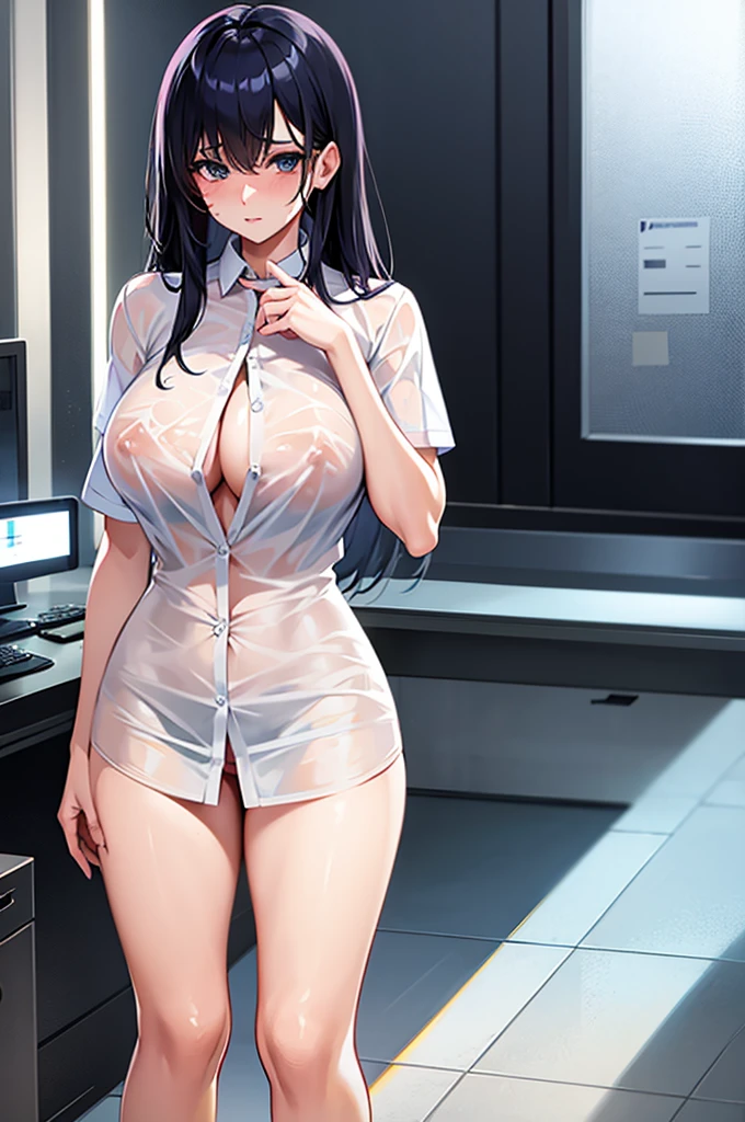 a gorgeous anime-style office lady with a perfect body, wet and sheer shirt, having missionary sex, large penis, legs spread, bottomless