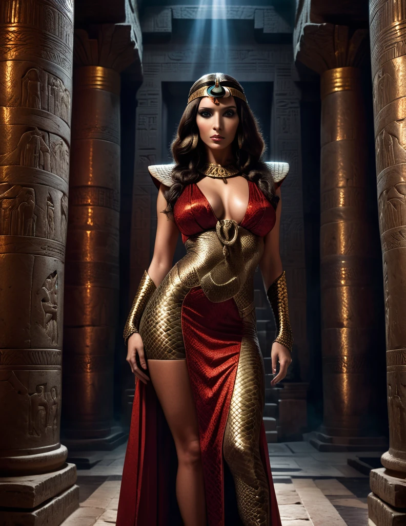 A dramatic gothic dominatrix Cleopatra with snake scale skin covering her legs, arms, torso, and face, in a mysterious ancient Egyptian temple, dark and intense gaze, long light brown hair, intricate detailed traditional robes in red and brown, cinematic dramatic lighting, supernatural scene captured in 8k resolution, breathtaking beauty and depth