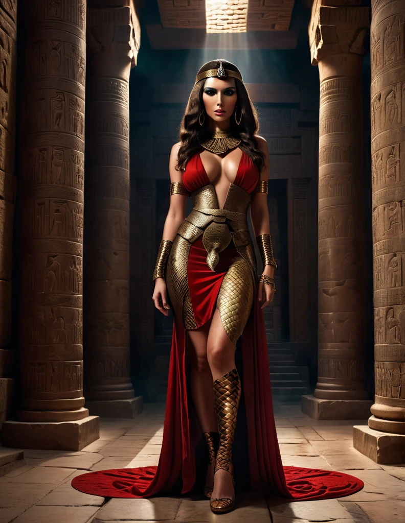 A dramatic gothic dominatrix Cleopatra with snake scale skin covering her legs, arms, torso, and face, in a mysterious ancient Egyptian temple, dark and intense gaze, long light brown hair, intricate detailed traditional robes in red and brown, cinematic dramatic lighting, supernatural scene captured in 8k resolution, breathtaking beauty and depth