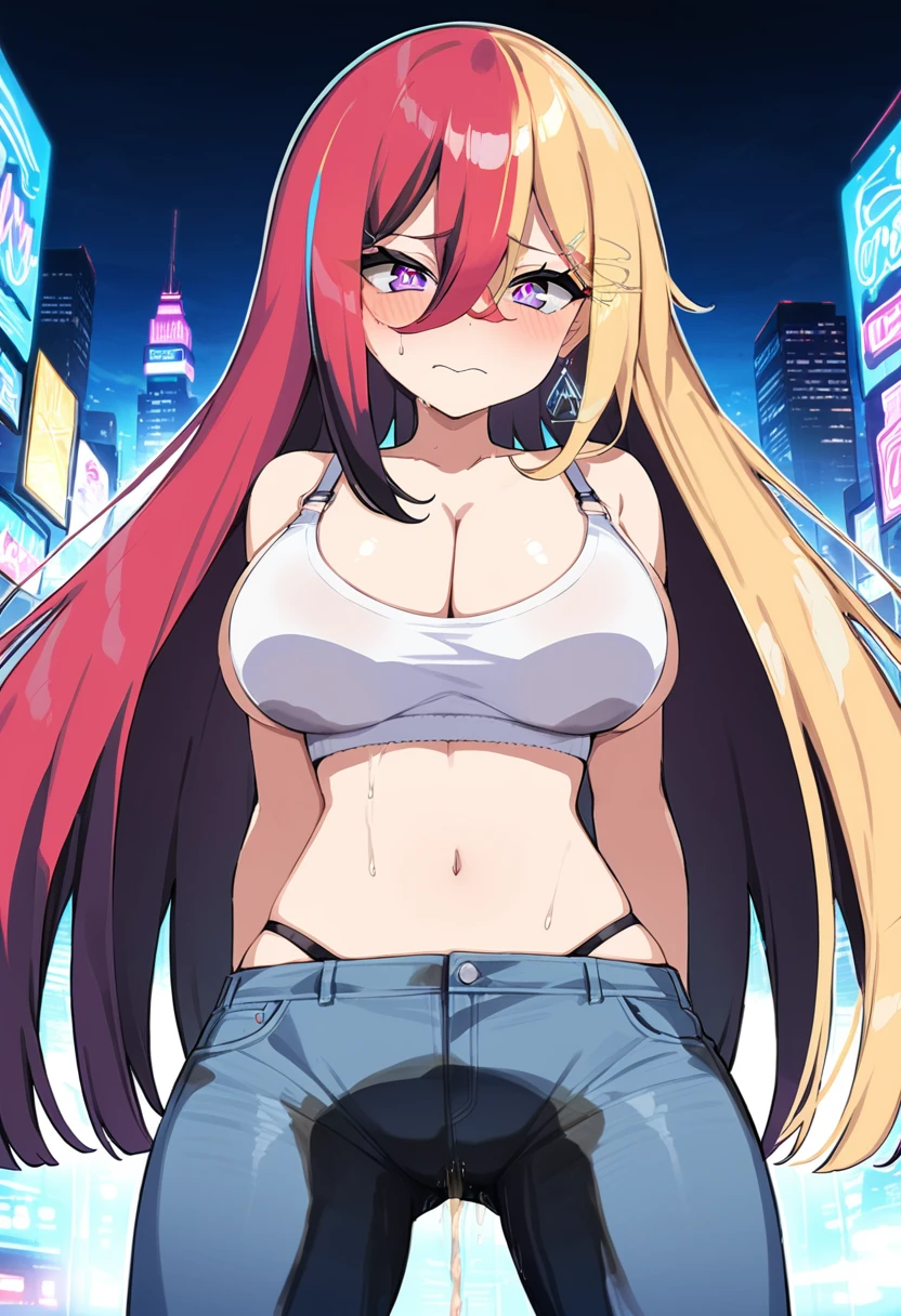 (masterpiece:1.37), best quality, (extremely detailed:1.37), woman, (mature:1.5), (adult:1.5), large breasts, very long hair, (straight hair:1.5), dark purple hair, (extremely long bangs:1.5), purple eyes, (extremely detailed eyes:1.37), crop top, cleavage, navel, jeans, desperation, (wetting self:1.5), standing, embarrassed, humiliation, blushing, angry, city, futuristic, neon lighting, high-tech, street
