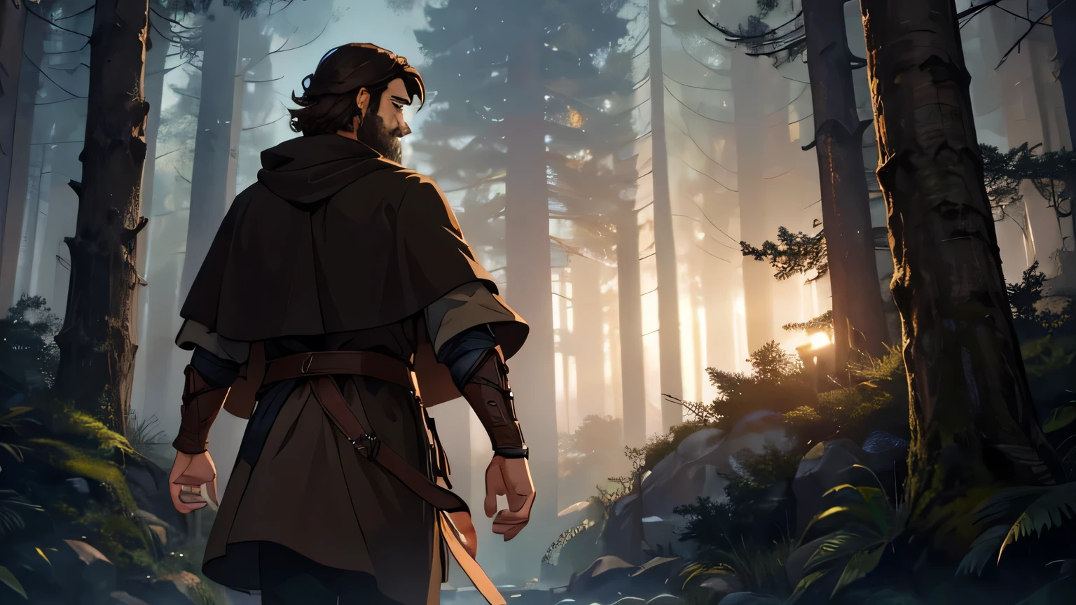 moving scene, back view of a man with dark brown beard, long dark brown hair, light yellowish brown eyes and dark brown and light brown tunic from the 4th century BC. C., with a light brown cloak, about 50 years old, WALKING ALONE, in a dark and mysterious forest at night, movement scene in the forest, changing lighting, hyper-realistic, cinematic lighting,