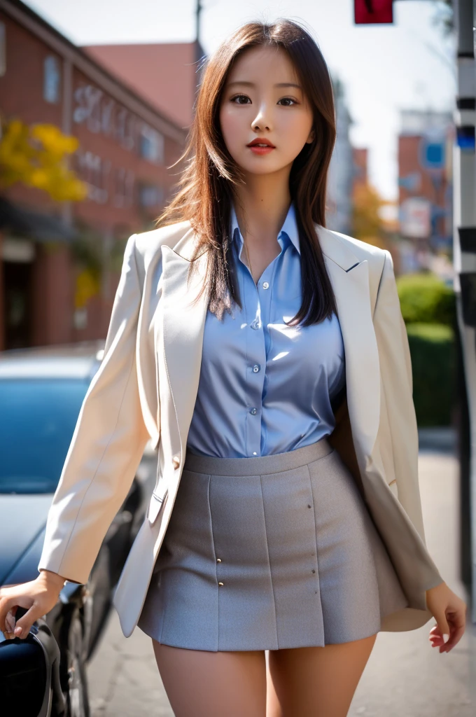the prettiest face of a 17 year old actress, perfect proportions of female body, blazer is worn on shirt, panties are seeable thanks to skirt is too short, in the city, standing, nsfw, best quality, highly detailed, masterpiece, ultra high res, photo realistic, 8k