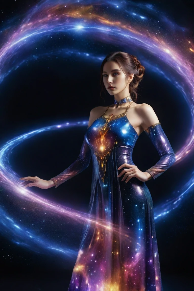 a beautiful astrologer in a starry cosmic void, dynamic cosmic energy beams and light particles, elegant occult ritual, gorgeous mystical costume, anatomically correct, photorealistic, 8k, dramatic lighting, vibrant colors, intricate details, cinematic composition
