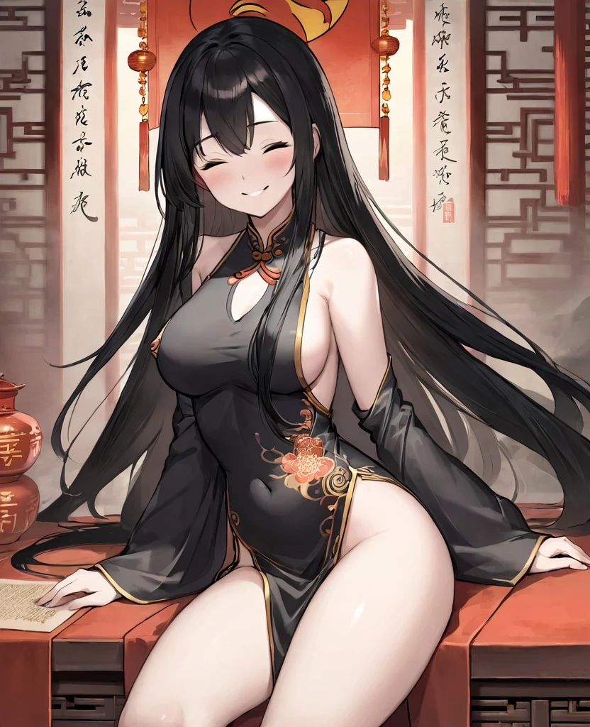 NSFW,1girl,Ancient Chinese Scriveners,Eyes closed,Black Hair,Long Straight Hair,Big Breasts,smile,Full Art,whole body,Scrivener&#39;s Hat,Possess an open scroll,Books Flying in the Air,Kanji characters appearing from books,Ancient Chinese Courts