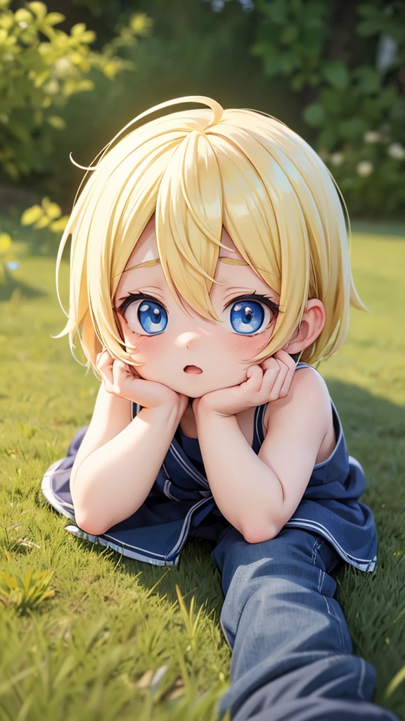 anime boy laying on the ground with his head on his hands, cute anime, anime boy, blond hair blue eyes, blue eyes and blond hair, blonde hair and blue eyes, cute boy, anime chibi, blond boy, blonde hair blue eyes, blonde boy with yellow eyes, anime wallaper, chibi anime, small girl, anime!!!!!!!!!!!!!!! 6age