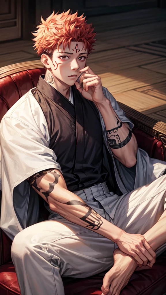 a young man in the story series, "Jujutsu kaisen" named "itadori yuji" with a tattooed face, brown eyes, with red, light hair, sitting on a chair, and a white kimono shirt, with a realistic effect.