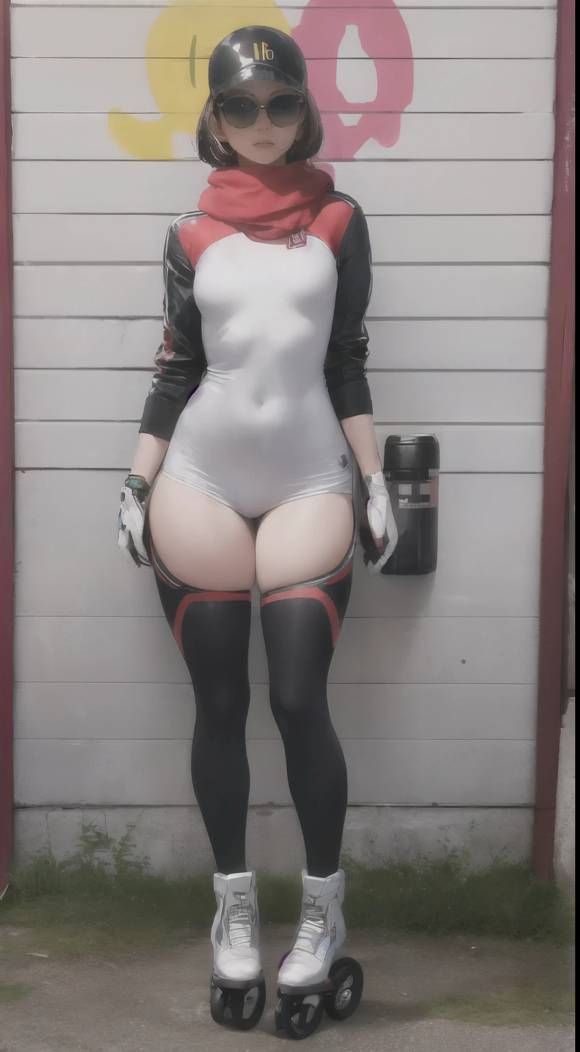 short woman, (ultra detailed,ultra high res,detailed background),((2D)),1girl,solo,looking at viewer, spray paint, graffiti, girl in a colorful fencing suit, long plush scarf, full body image, adult woman, anatomically perfect face, face in focus, symmetrical face, (small breasts), rollerskates, wearing a 1950's scifi helmet with a visor, big sunglasses