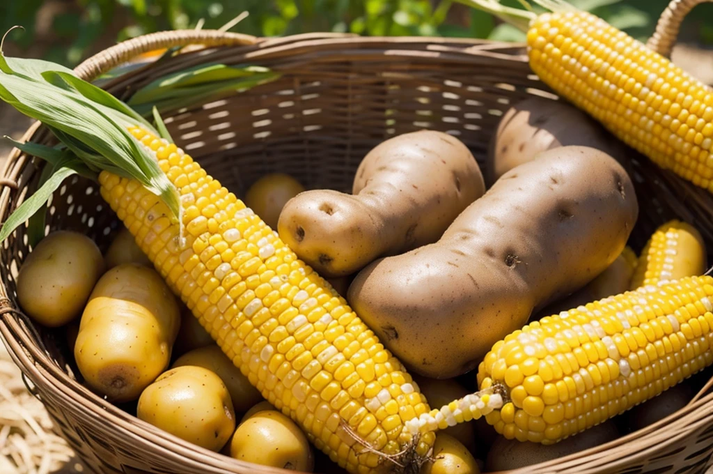 Harvested potatoes and corn