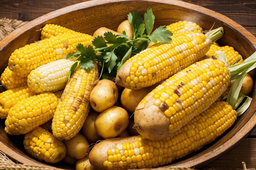 Harvested potatoes and corn