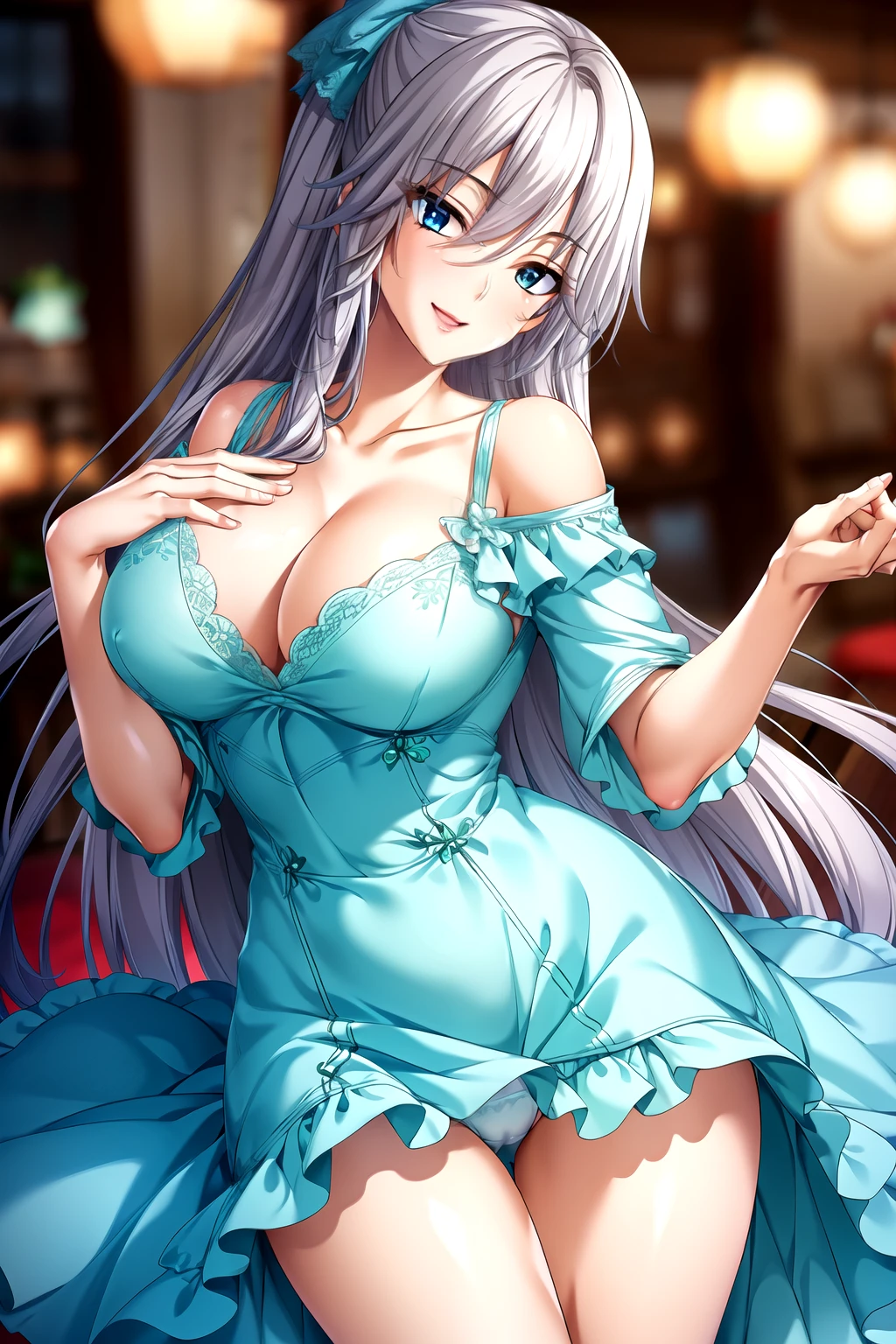 Perfect hands, Clean fingers, Perfect fingers,full hand, Good, underwear, Off-shoulder,clavicle, Slim body,green and white clothes, 1 girl,20 years old, Young women,Fair Finger,Fair long legs,Fair Body,Fair Nose,Fair character design, Perfect eyes, perfect Face,Expressive eyes, Looking at the audience,(lead_Body),(Focus on her Face), Official Art,Extremely detailed CG unity 8k wallpaper, Perfect Lighting,rich and colorful, bright_front_Face_Light,Light skin, (masterpiece:1.0),(最OK_quality:1.0), Ultra-high resolution,4K,Very detailed, photography, 8K, Human Development Report, high resolution, absurd:1.2, Kodak Portrait 400, Film Grain, Blurred background, Bokeh:1.2, Lens Light Halo, (Energetic_color:1.2) (Fair,Target_Chest:1.3), (Fair_Face:1.5),(narrow_waist),Happy,Smile, Off-shoulder,clavicle,Perfect hands, Clean fingers, Perfect fingers,full hand,The beauty of clothing,Off-shoulder,clavicle, green and white clothes服,underwear,Perfect hands, Clean fingers, Perfect fingers,full hand,show,Perfect hands, Clean fingers, Perfect fingers