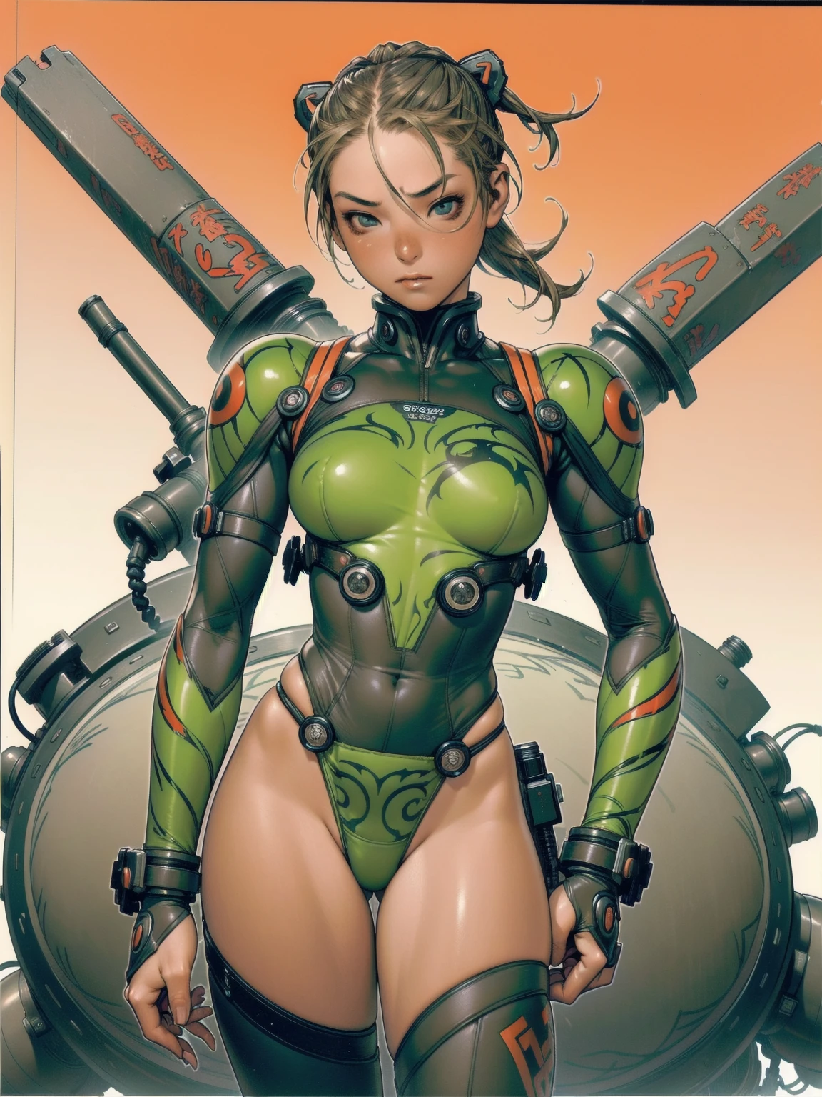 ((best qualityer)), (((Bettie Page))), (((clothes 100% fluorescent green))), (((slim))), (Muscles), (((praying mantis suit))), (((kamen rider))), (((pin-up))), ((Perfect masterpiece)), (detailded: 1.4), (absurdrez), (((Bob Hair))), (((full body fitness, )), (((orange hair woman, blushful))), 21 year old woman, beautiful sexy woman, giant robot pilot, wild with perfect corpo fitness, wearing small mecha battle armor clothes, tiny thong, Simon Bisley styled for the cover of Heavy Metal magazine, clothing with Japanese cyberpunk graphic patterns, Halftone pattern and vertical stripes, earth tone, exiting the body of a giant robot