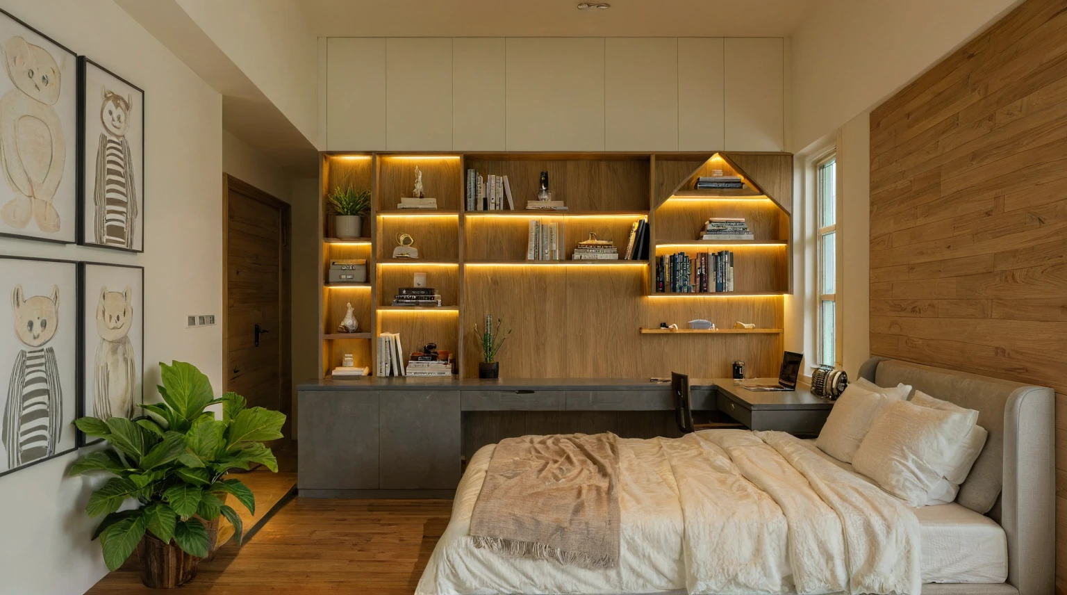 Raw photo, Masterpiece, high quality, best quality, authentic, super detail, interior, indoors,  style modern, minimalist line, wooden, oak wood, LED light, white paint wall, LIVING ROOM, PEN HOUSE, bedroom, wooden window, japan style, wasabi style, Jen style, steel stair, glass railing, paint wall decor, book shelf, 