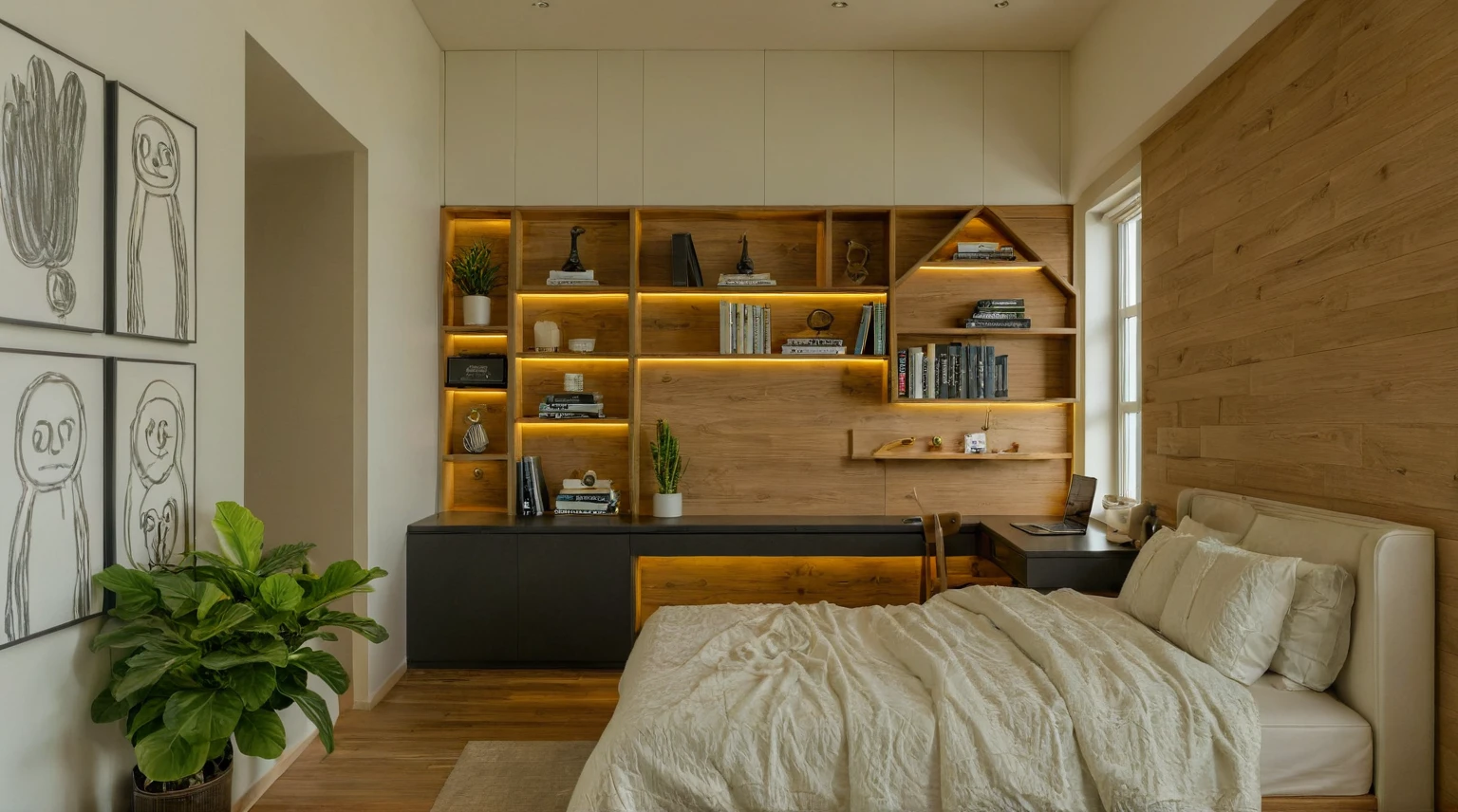 Raw photo, Masterpiece, high quality, best quality, authentic, super detail, interior, indoors, style modern, minimalist line, wooden, oak wood, LED light, white paint wall, LIVING ROOM, PEN HOUSE, bedroom, wooden window, japan style, wasabi style, Jen style, steel stair, glass railing, paint wall decor, book shelf,