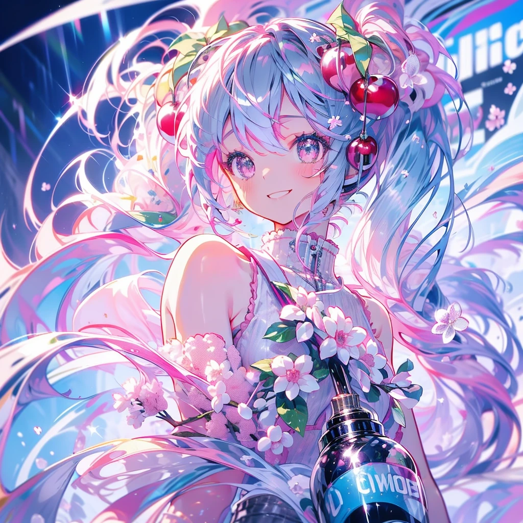 masterpiece、hatsune miku、Pink Hair、Long Hair、Cherry blossom hair accessory、The wind is blowing、Sparkling eyes、smile、Have a plastic bottle、Upper Body、(((Top view)))