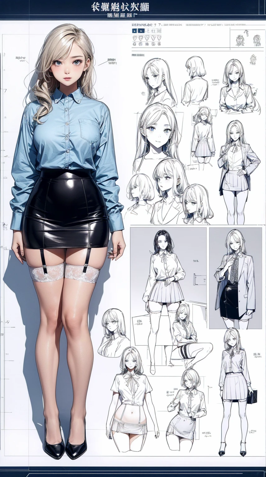 girl, alone, whole body, From head to toe, Are standing, (Huge_chest:1.3),

Character design sheet, Character Reference Sheet, 設計図のSchematic, Drafting, Blueprint, Schematic,
((Character design sheet:1.7, Character Reference Sheet:1.7,)),

anime/cartoon character wearing a girls , 1girl, alone, ,Mature Woman,chestの谷間,Long sleeve,Collared shirt,White shirt,,(Tight Skirt),((garter belt)),(High heels),Skirt Suit,mini skirt,office lady,Long Hair, bow, ,  (Very short skirt:1.4), (lingerie:1.5),