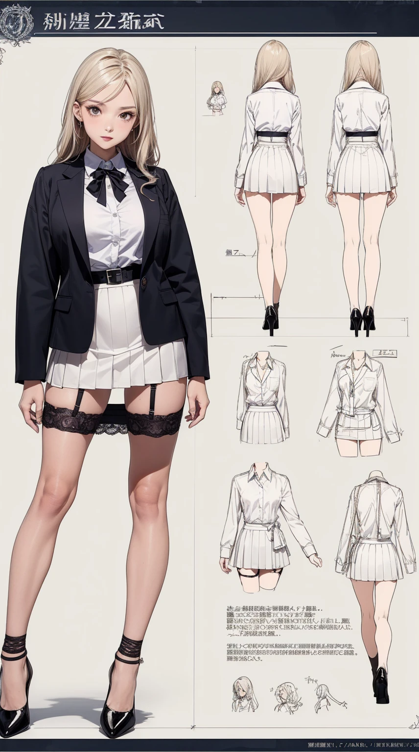 girl, alone, whole body, From head to toe, Are standing, (Huge_chest:1.3),
Character design sheet, Character Reference Sheet, 設計図のSchematic, Drafting, Blueprint, Schematic,
((Character design sheet:1.7, Character Reference Sheet:1.7,)),
anime/cartoon character wearing a girls , 1girl, alone, ,Mature Woman,chestの谷間,Long sleeve,Collared shirt,White shirt,,(Tight Skirt),((garter belt)),(High heels),Skirt Suit,mini skirt,office lady,Long Hair, bow, , (Very short skirt:1.4), (lingerie:1.5),