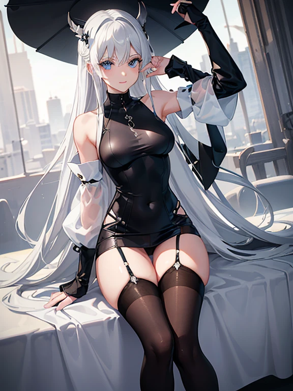 Exposing the abdomen，The figure is good，The head is not exposed，[ 4K realism ]!!, [ 4K realism ]!!!, [ 4K digital art ]!!, Realistic shadow perfect body, realisticlying!!!!!!! art-style, photorealistic anime, by Shitao, Popular topics on cgstation, Casual pose, realistic anime 3D style, (Masterpiece, Best quality, ultra high resolution), 1 girl, Silver hair, Pale skin, Beautiful detailed face, Detailed eyes, posing on a, On a white background, Dynamic lighting, dynamic shadowing, looking at viewer, White stone punk fashion,(Posing for a photo),((White clothes)), (((black thigh highs))), jean shorts, skirt, white sweater, ((Blue eyes)), happy, smiling, black straps, black strap design, ((Long white hair)), energetic, cheerful, cityscape background, (((long black sleeves))), ((long black sleeves)), black sleeves