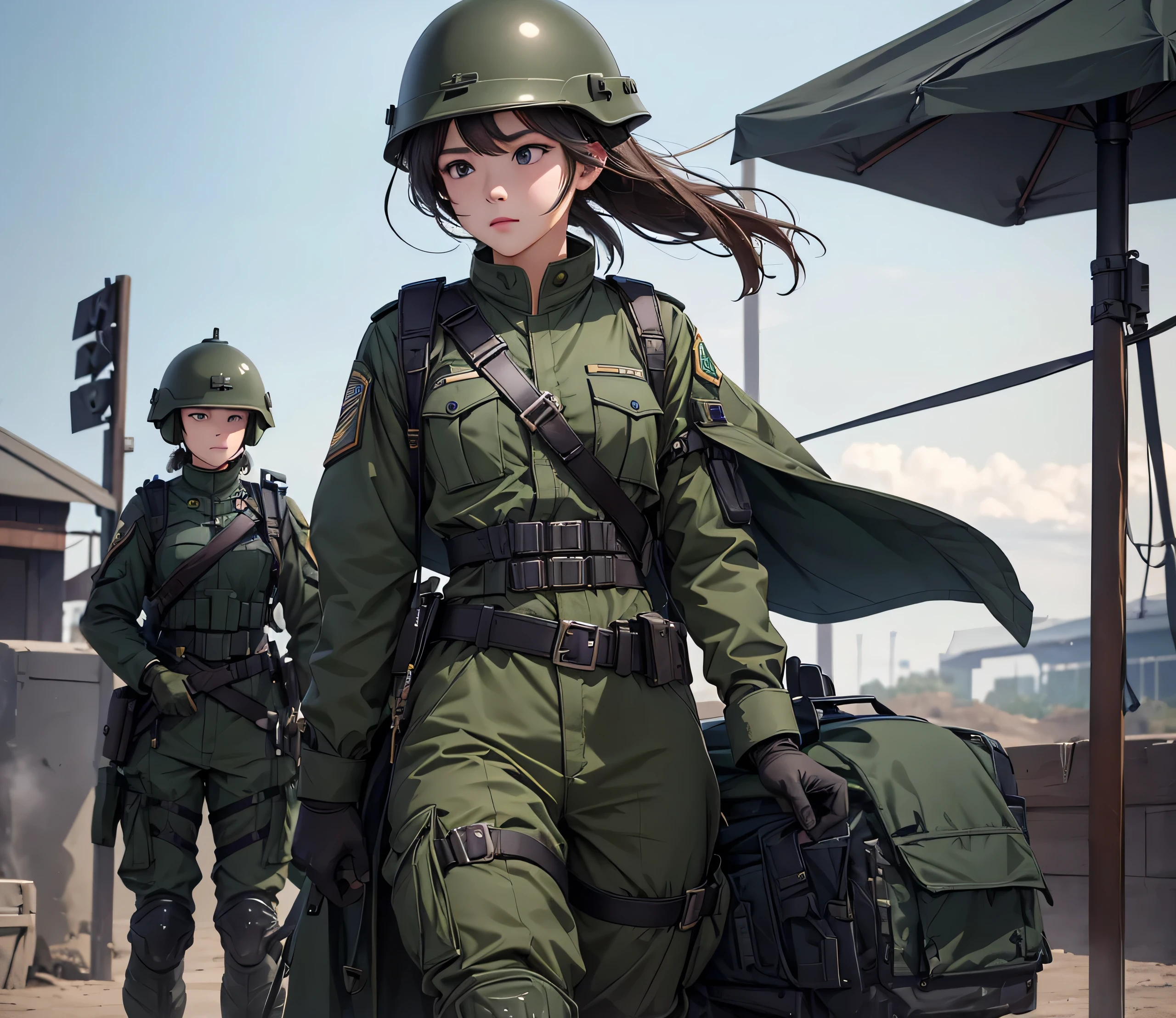 A group of female soldiers wearing helmets、Standing at attention、Dark green military uniform、Military Pants、White diagonal shoulder strap and belt、Riding boots、Gloves、Write details、masterpiece、best quality、Highly detailed CG、8K picture quality