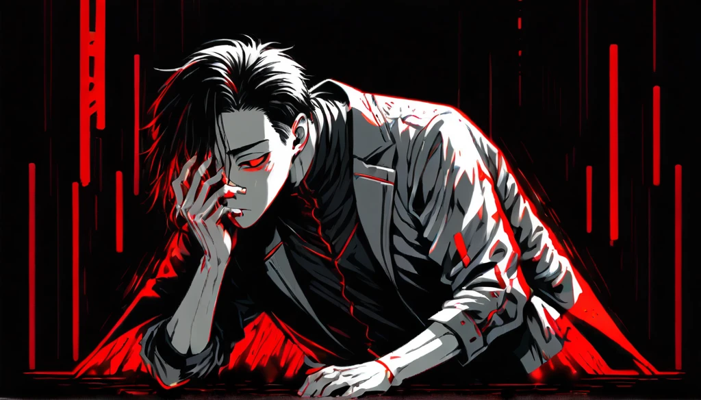 26 year old man with neat straight black hair, in a gray jacket with red details with his hand on his face crouched amid a dark black background