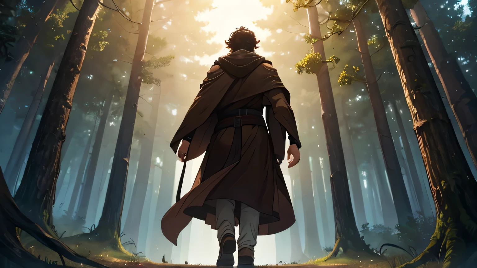 moving scene, back view of a man with dark brown beard, long dark brown hair, light yellowish brown eyes and dark brown and light brown tunic from the 4th century BC. C., with a light brown cloak, about 50 years old, WALKING ALONE, in a dark and mysterious forest at night, movement scene in the forest, changing lighting, hyper-realistic, cinematic lighting,